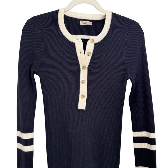 Faherty Mikki Henley Sweater Small | Navy with Cream Trim & Stripes | Ribbed Kni - Picture 1 of 8